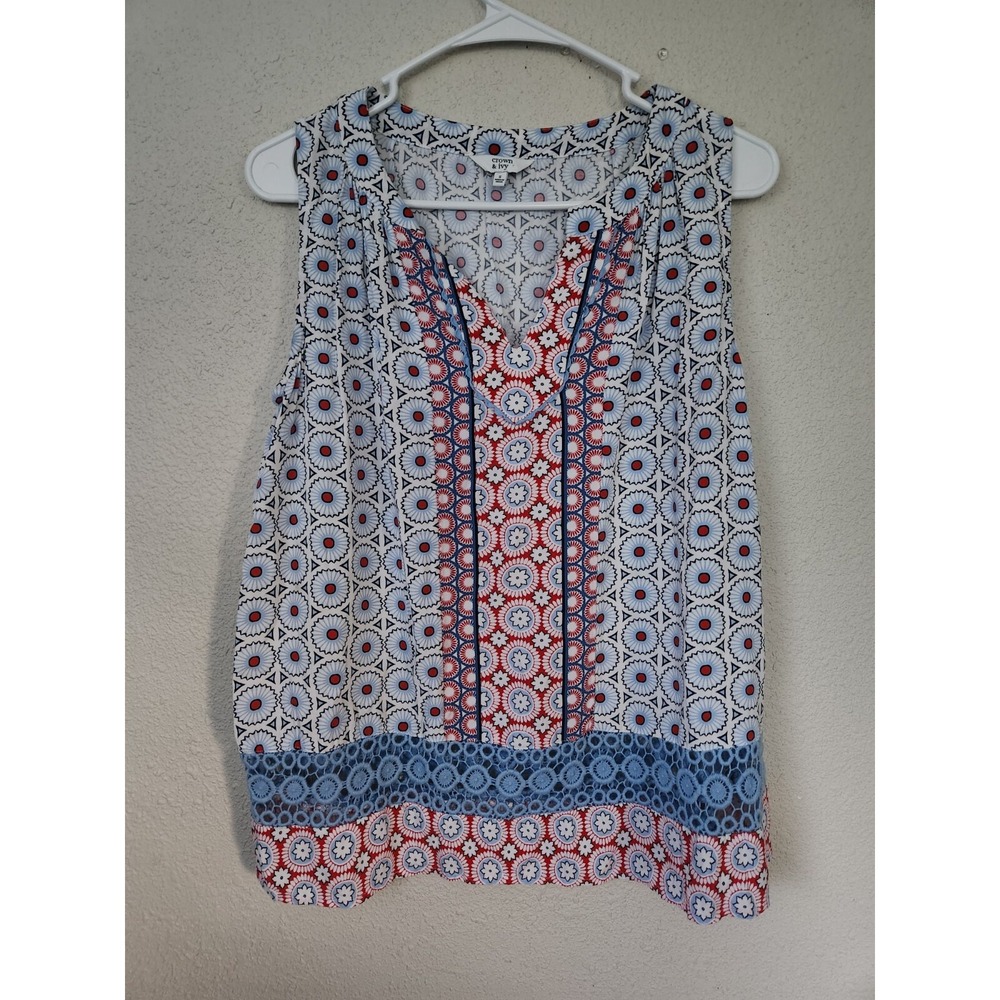 Crown & Ivy Sleeveless‎ Red White Blue Geometric Pattern Blouse Womens Small